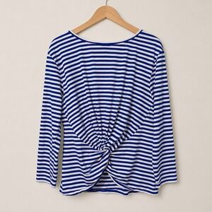 J Crew XL, Blue Striped, Twist Back, Long Sleeve, Cotton, Crew Neck, Shirt